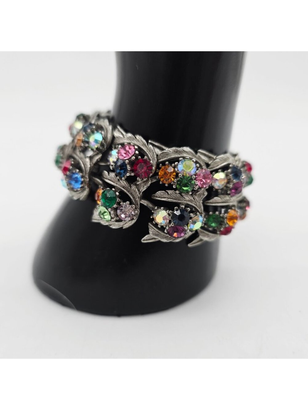 Silver-Tone Rhinestone Bracelet Multicolored Crystals Leaf Design VTG 1970s 60s